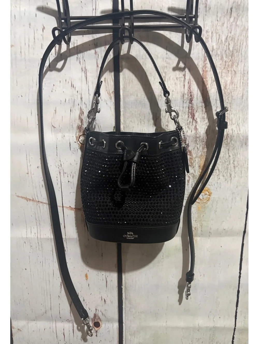 Coach Black Crystal Embellished Leather Bucket Bag with Adjustable Strap CX213